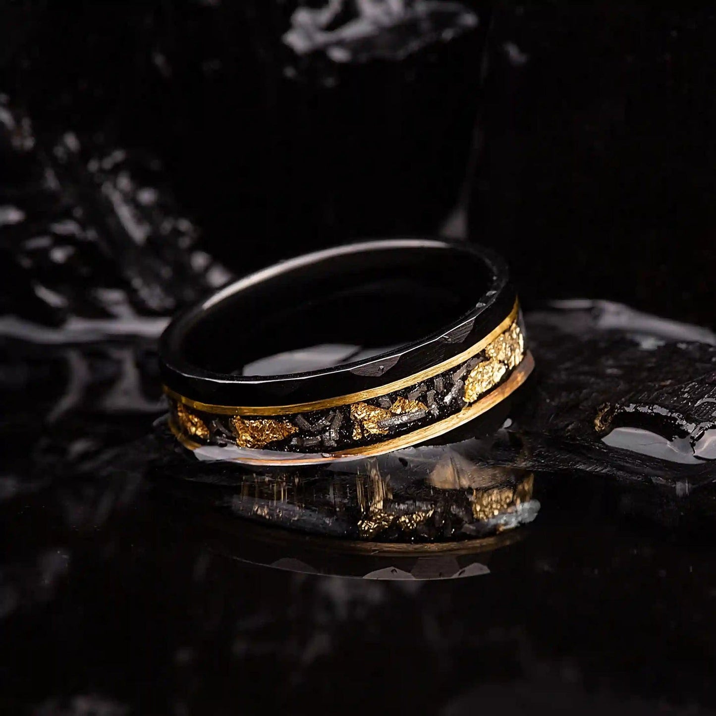 Orion Tungsten Ring with Gold Leaf and Black Meteorite Inlay