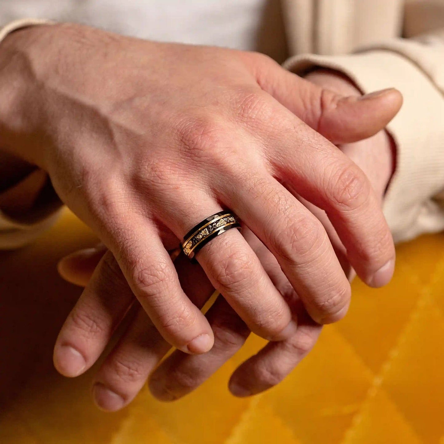 Orion Tungsten Ring with Gold Leaf and Black Meteorite Inlay