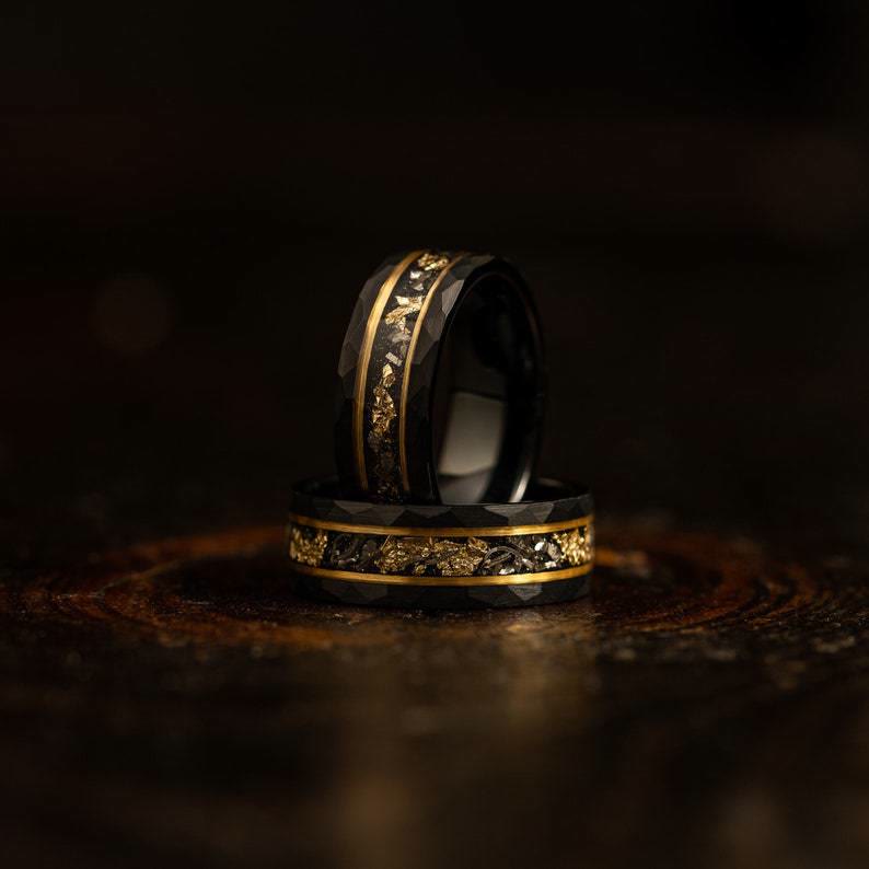 Orion Tungsten Ring with Gold Leaf and Black Meteorite Inlay