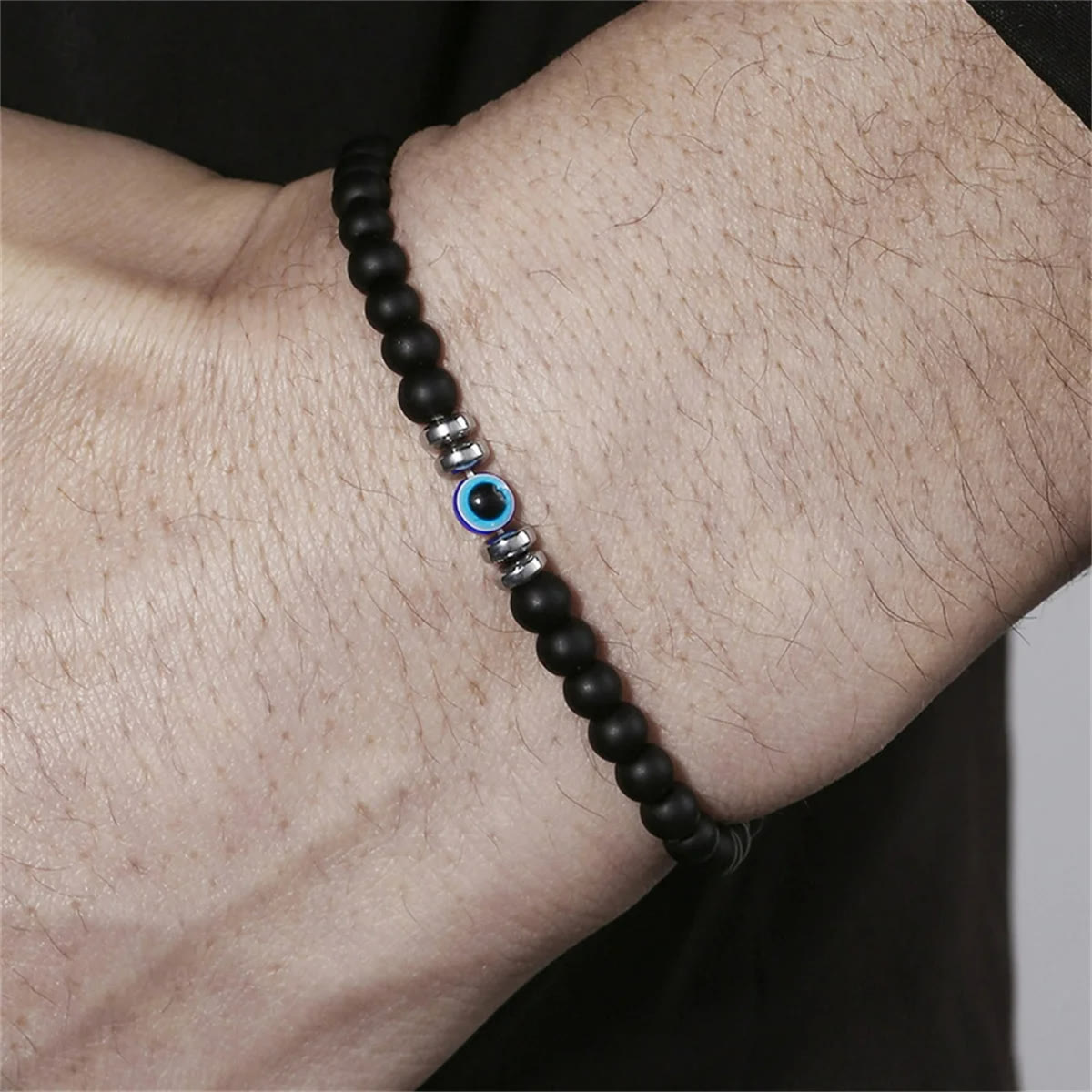 Men's 4mm Natural Stone Bracelet with Evil Eye Charm
