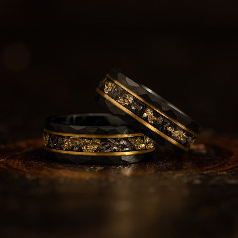 Orion Tungsten Ring with Gold Leaf and Black Meteorite Inlay