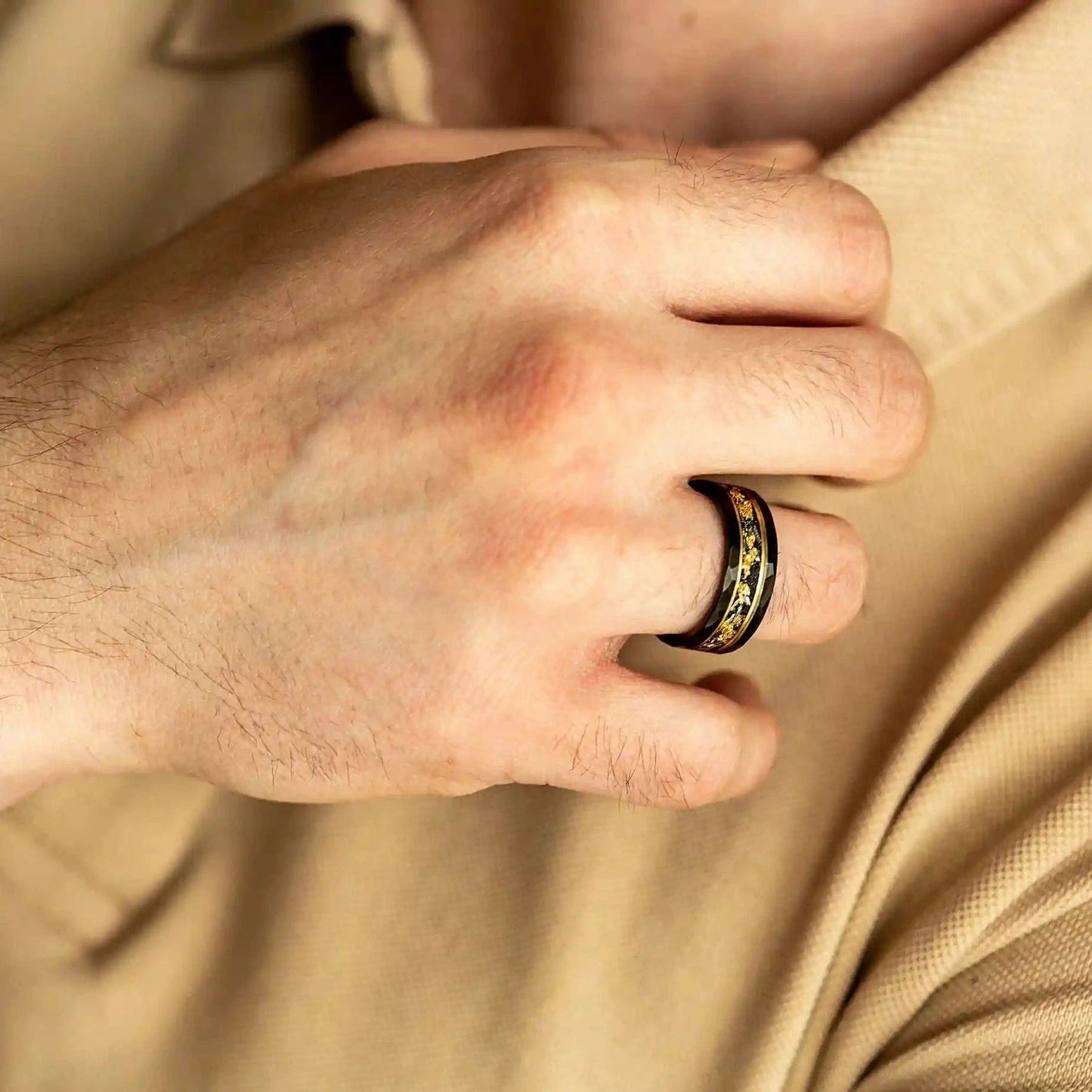 Orion Tungsten Ring with Gold Leaf and Black Meteorite Inlay