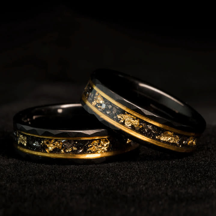 Orion Tungsten Ring with Gold Leaf and Black Meteorite Inlay