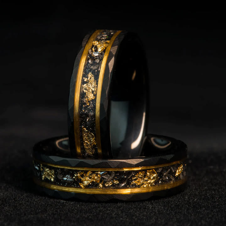 Orion Tungsten Ring with Gold Leaf and Black Meteorite Inlay