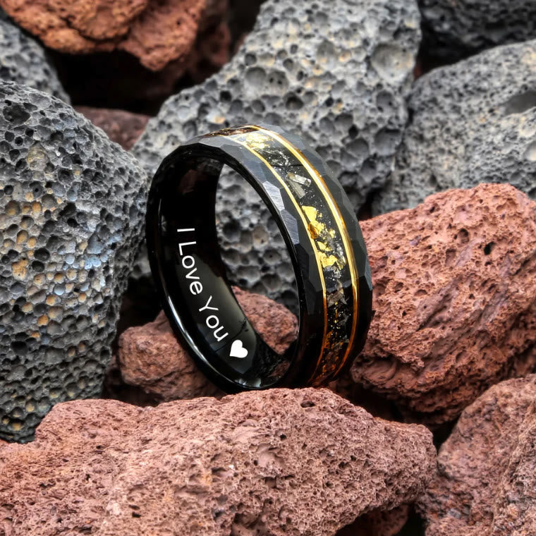 Orion Tungsten Ring with Gold Leaf and Black Meteorite Inlay