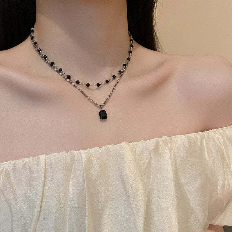 Black Pearl Double Strand Silver Necklace