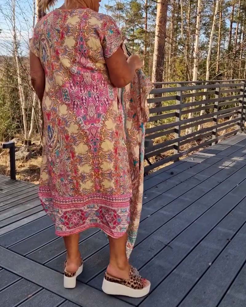Emily™ | Women's Printed V-Neck Short Sleeve Dress with Straight Cut