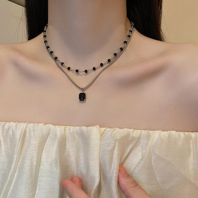 Black Pearl Double Strand Silver Necklace