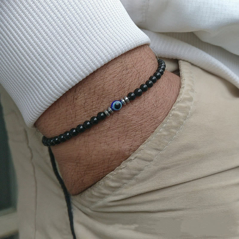 Men's 4mm Natural Stone Bracelet with Evil Eye Charm