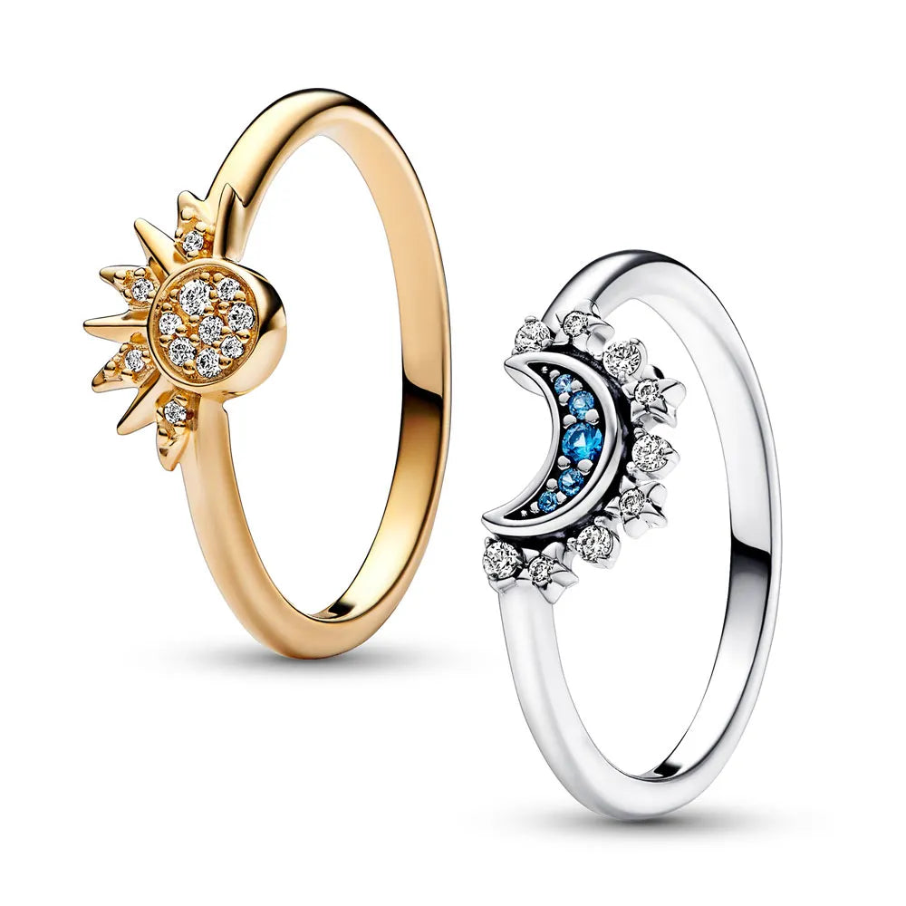 Celestial Crystal Ring Duo: Sun & Moon Design