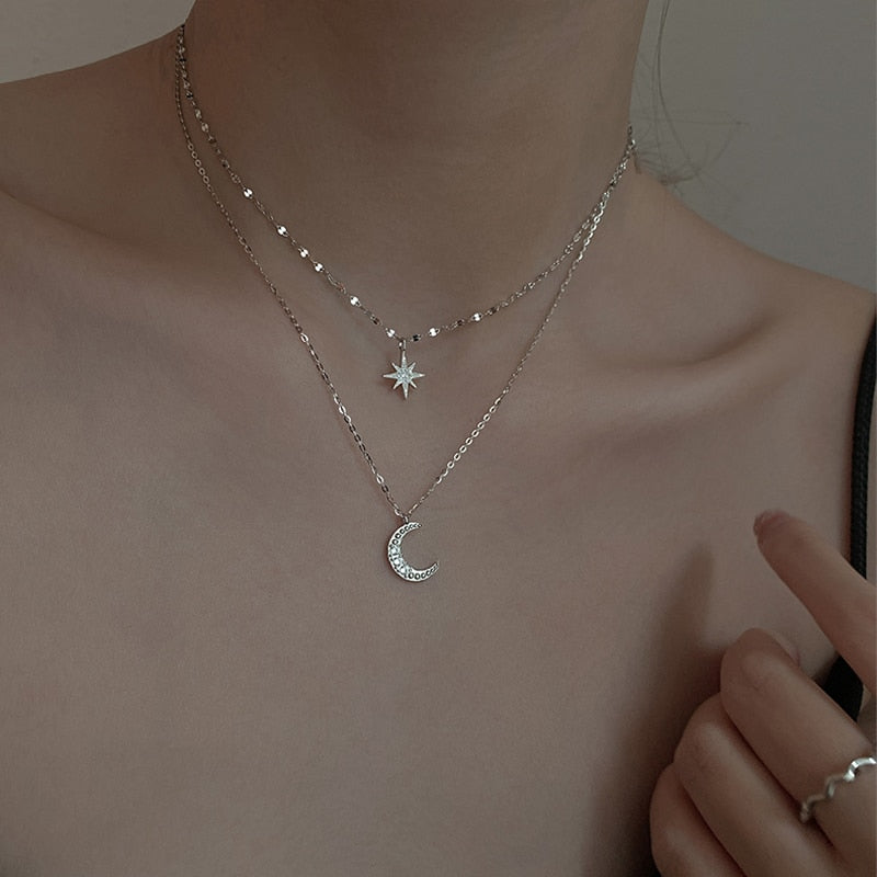 Silver Double Necklace – Double Moon with Moonlight Elegance