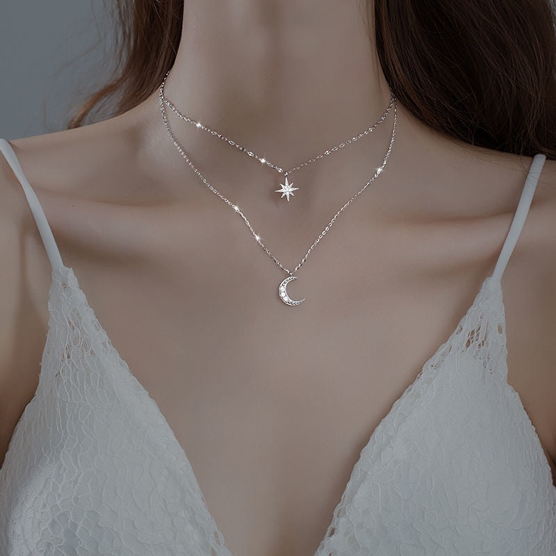 Silver Double Necklace – Double Moon with Moonlight Elegance