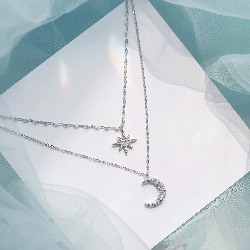 Silver Double Necklace – Double Moon with Moonlight Elegance
